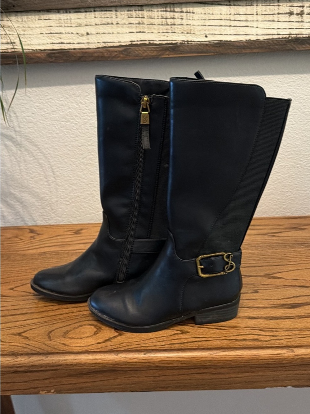 Kid's Black Tall Riding Boots with Gold Buckle